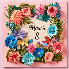 Wall Mural - Postcard with paper flowers with the text March  Pink background. Concept Crafts, Paper Flowers, DIY, Postcard Design, March Theme