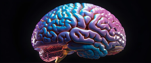 Illustration of human brain. Glossy pastel brain model isolated on black background.