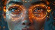 A mesmerizing portrait of a woman, her piercing gaze amplified by glowing glasses, invites us into a world of intricate emotions and captivating art