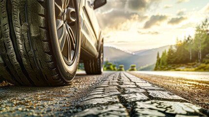 Poster - The golden hour sun casts a warm glow on a vehicle's tire on an open road, evoking a sense of travel and adventure.