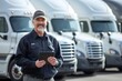 © Mohsin - Happy Male trucking fleet manager holding a tablet standing in front of a line of truck trailers