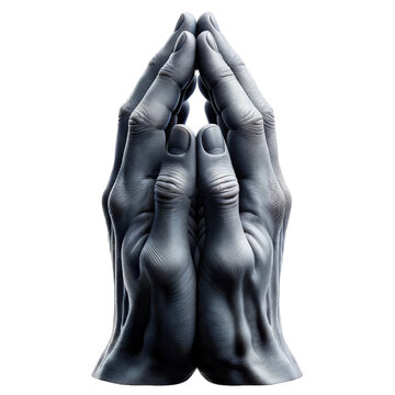 The image is of two hands clasped together, with one hand on top of the other. The hands are made of a grey material and appear to be very thin. Scene is one of peace and serenity,good friday.