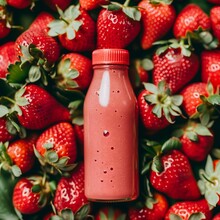 A Bottle Of Strawberry Smoothie Sits Atop A Pile Of Fresh Strawberries