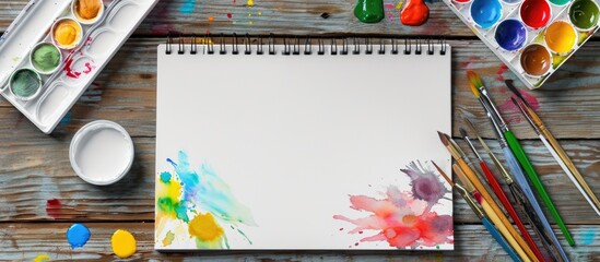 Wall Mural - Blank drawing album with colorful paint strokes, watercolor paints, and brushes at workplace, viewed from top.