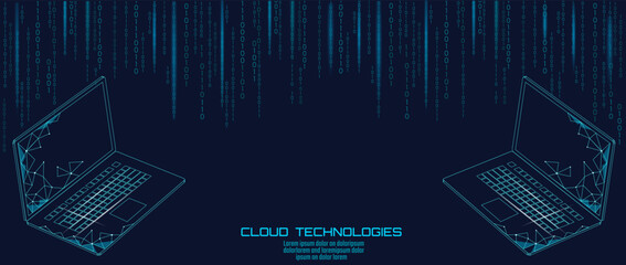 Wall Mural - Laptop cloud data transfer. Computer online cloud data storage technology progress upgrade software app development vector illustration