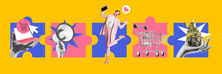 Wall Mural - Hand with cursor and cart, woman with tablet, megaphone, shopping cart, coins, puzzle. Social media marketing campaigns promoting online shopping deals. Concept of digital marketing, online services