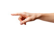 Hand Pointing at Object. A hand is seen pointing at something off screen. The index finger is extended, highlighting a specific subject or direction. On PNG Transparent Clear Background.