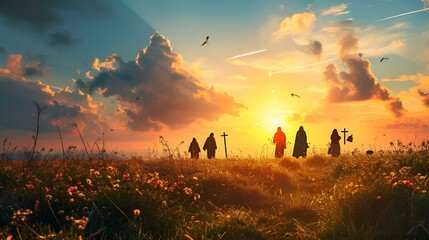 Thai monks walking in the rice fields at sunrise 