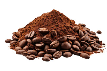 Pile of Coffee Beans Next to Ground Coffee Beans. A collection of coffee beans piled up next to a mound of ground coffee beans. On PNG Transparent Clear Background.