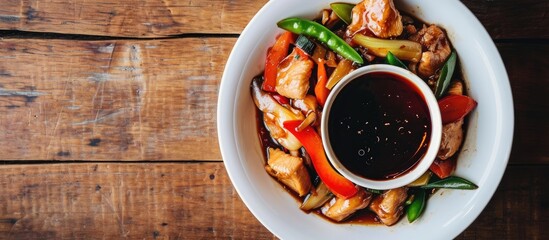 Wall Mural - Soy sauce poured over stir-fried vegetables in a white bowl on a wooden table.