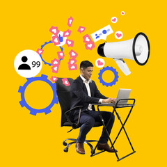 Wall Mural - Young man working on laptop on efficient strategy to attract new followers on social media, developing plan for brand promotion. Contemporary art. Digital marketing, online services, business concept