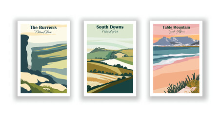 Wall Mural - South Downs. Table Mountain, South Africa. The Burren, National Park - Vintage travel poster. Vector illustration. High quality prints
