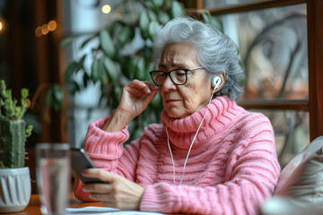 Wall Mural - Elderly gray haired Latin American female in glasses and pink sweater sitting at table adjusting earphones while listening to audio on mobile phone
