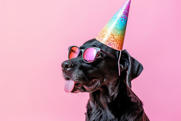 Wall Mural - Funny party dog wearing colorful summer hat and stylish sunglasses. Marsala background