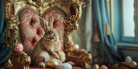 Wall Mural - Easter bunny on the royal throne together with colorful and decorated Easter eggs. Funny traditional and seasonal card concept banner.