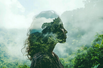 Double exposure portrait of woman blended with nature, green forest trees on light background. Spring, travel, nature and wanderlust concept. Alone solo traveler, dreams and thinking green, ecology