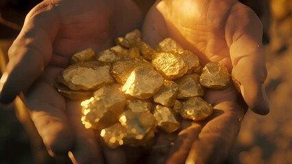 Wall Mural - A stunning close-up of raw, golden nuggets in a miner's hands, catching the light and gleaming with riches