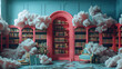 Colorful studio library with whimsical cloud and tile decorations