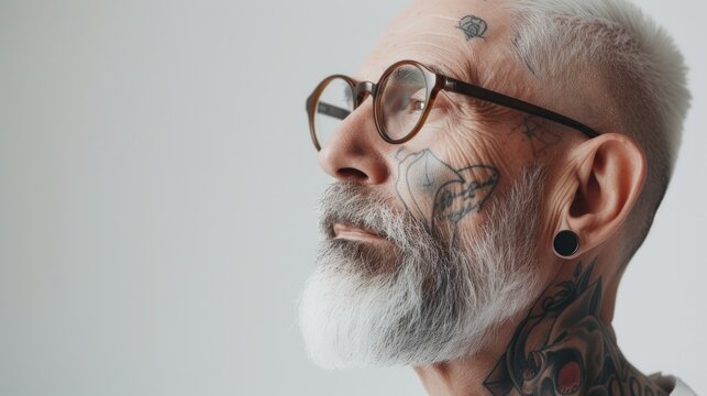 Senior silver-haired man showcasing his extensive tattoos, each a chapter of life etched into his skin, exuding a narrative of experiences and resilience. Elderly stylish aged model