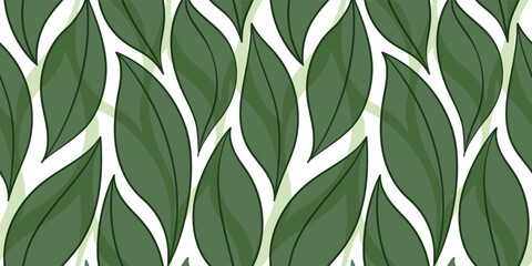 Wall Mural - Green leaves seamless vector pattern. Watercolor tea leaf background, textured jungle print