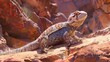 A colorful desert lizard camouflaged against the sandy terrain, its scales shimmering in the sunlight as it scampers across the rocks.