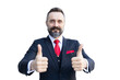 © Quality Stock Arts - portrait business or lawyer beard style male standing confident in gentle man suit thumbs up happy smiling isolated on clear png background