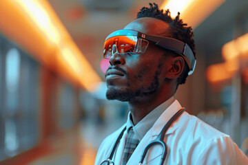 African man doctor with stethoscope in 3D virtual glasses in modern hospital