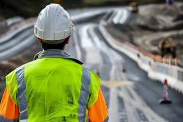 Wall Mural - Construction worker standing on fresh asphalt on the road