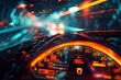 A dramatic angle on a car dashboard with futuristic HUD elements