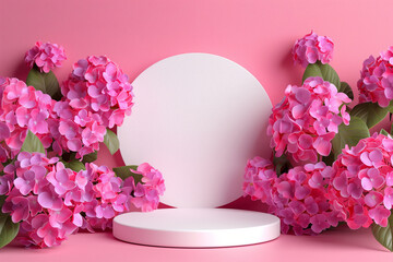 Wall Mural - Elegant pink hydrangea flowers surrounding a round podium with copyspace on a monochrome pink background, ideal for Mother's Day promotions or spring-themed displays