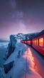An old fashioned train winding around icy cliffs under the cold starry sky of the North Pole