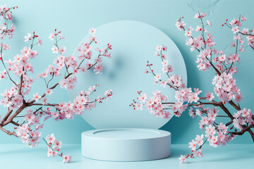 Wall Mural - Elegant cherry blossom branches on a pastel blue background with circular space for text, ideal for springtime promotions or serene floral-themed design projects