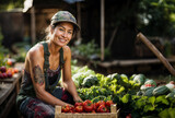 Fototapeta  - A smiling portrait of a forty-something tattooed gardener in her greenhouse, who has just harvested her organic tomatoes. Generative ai