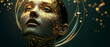Advertising banner for a cosmetology clinic. golden threads cover the face of a beautiful woman. golden particles, golden waves. dark background