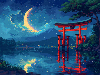 Pixel art of a big crescent moon on the night sky 