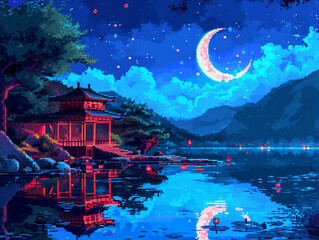 Pixel art of a big crescent moon on the night sky 