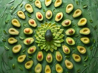 Fresh Avocado Assortment on Green Textured Background
