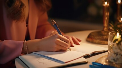 writing and notebook for working at night on creative ideas, strategy or schedule at a desk. Closeup of entrepreneur woman with pen and notes for planning, information or goals for a project