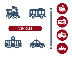 Wall Mural - Vehicles icons. Vehicle, car, train, locomotive, bus, tram, trolley, taxi, public transport, transportation icon