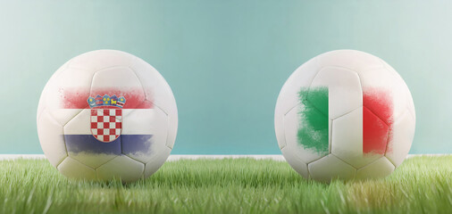 Wall Mural - Croatia vs Italy football match infographic template for Euro 2024 matchday scoreline announcement. Two soccer balls with country flags placed against each other on the green grass with copy space