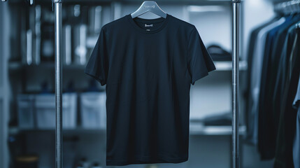 Wall Mural - Fitted black t-shirt, hanging from a steel clothing rack.