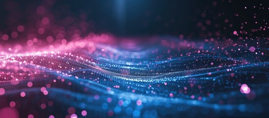 An abstract graphic background with blue and pink tones representing science and technology, featuring blurry lights on a dark backdrop.