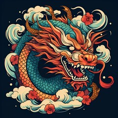 Wall Mural - Título	
Chinese new year, dedicated to the dragon, year 2024, golden dragon on red background Spring Festival, is the traditional holiday, image created with AI	