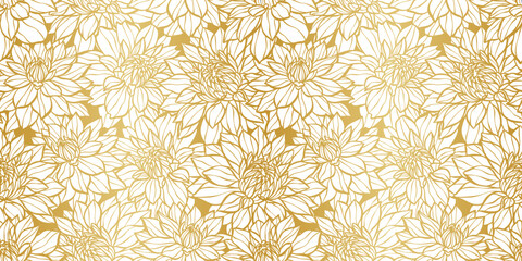 Wall Mural - Gold elegant flower backgorund, vector repeat pattern dahlia floral print design