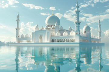 islamic white mosque that is reflected in the water. ramadan kareem holiday celebration concept