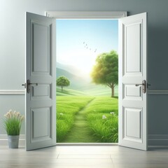 Wall Mural - open door to beautiful landscape with meadow and flowers, 3d render