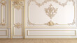 3D rendering of a classic interior with white walls, golden elements, and wooden floor.