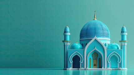 Wall Mural - 3d blue mosque isolated on a green background. ramadan kareem holiday celebration concept