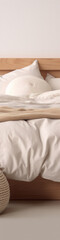 Wall Mural - Close up of bedding on wooden bed frame with neutral colors and textures.