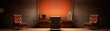 Retrofuturism style 3d render of an empty retro office with orange wall and brown leather chairs